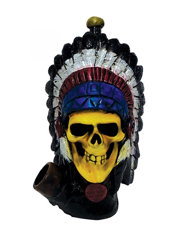 Handcrafted medium-sized tobacco smoking hand pipe of a Native American Indian chief skull wearing a feather headdress.