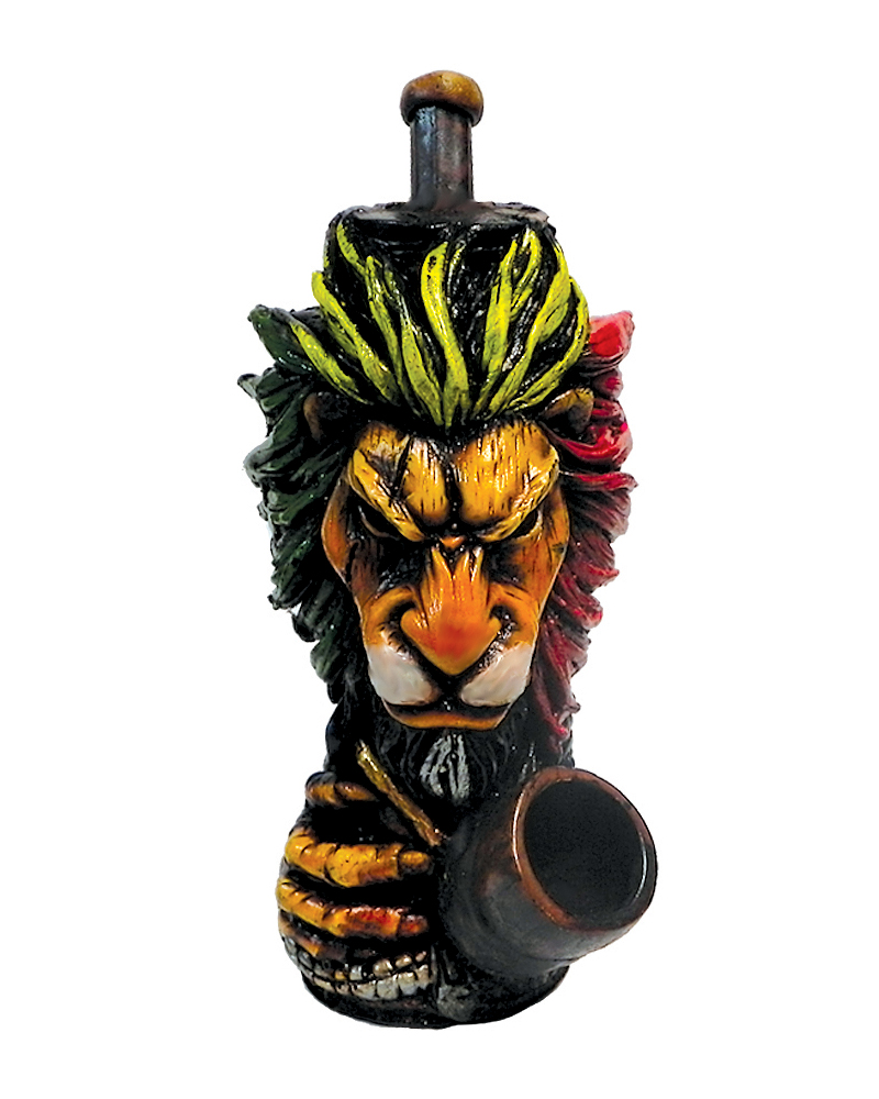 Handcrafted medium-sized tobacco smoking hand pipe of a lion head with a scar on one eye in Rasta colors.