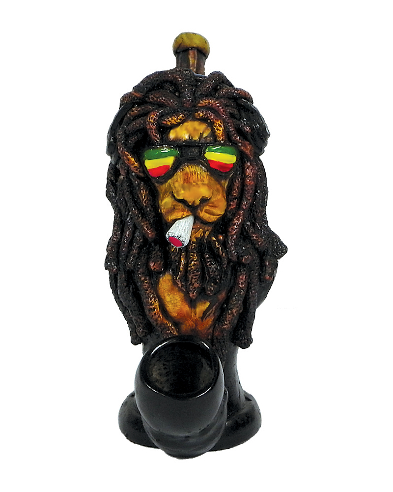 Handcrafted medium-sized tobacco smoking hand pipe of a smoking lion with dreads and sunglasses in Rasta colors.