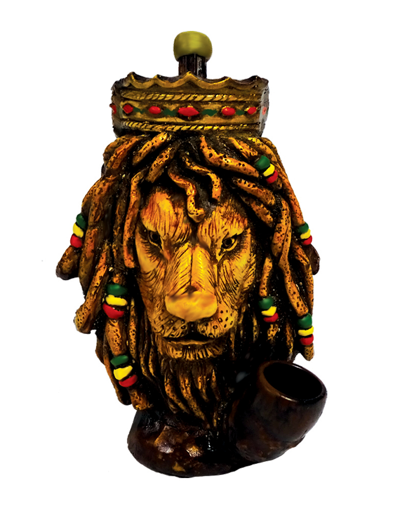 Handcrafted medium-sized tobacco smoking hand pipe of a lion king head with dreads and a crown in Rasta colors.
