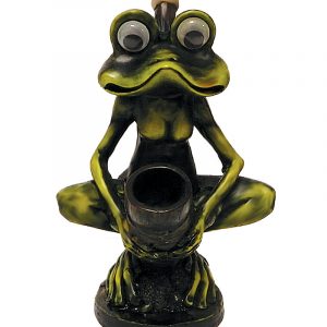 Handcrafted medium-sized tobacco smoking hand pipe of a green sitting frog holding the bowl.