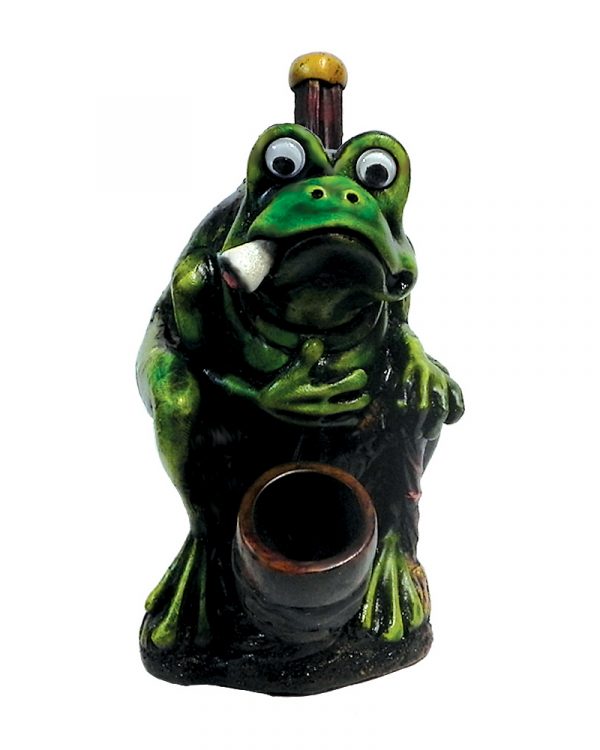 Handcrafted medium-sized tobacco smoking hand pipe of a fat green smoking bullfrog toad with googly eyes and cane.