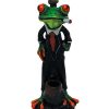 Handcrafted medium-sized tobacco smoking hand pipe of a green smoking tree frog wearing a tuxedo suit.