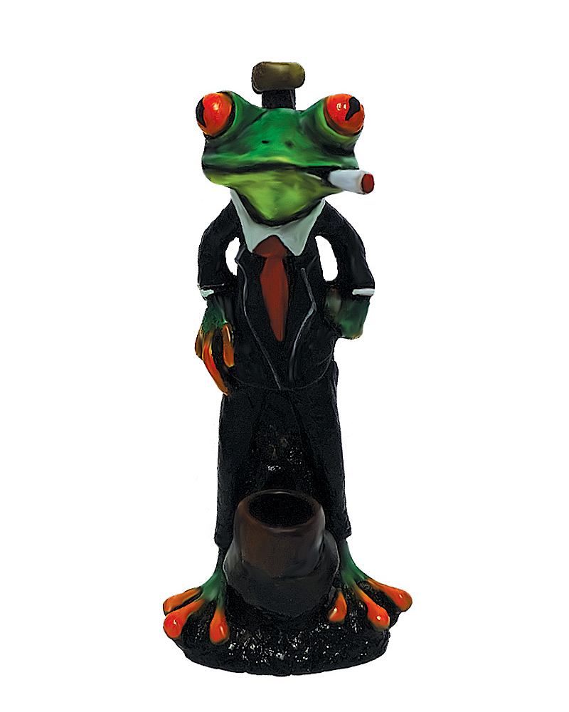 Handcrafted medium-sized tobacco smoking hand pipe of a green smoking tree frog wearing a tuxedo suit.