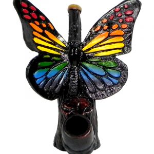 Handcrafted medium-sized tobacco smoking hand pipe of a butterfly in rainbow colors.