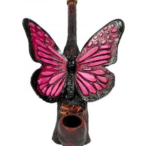 Handcrafted medium-sized tobacco smoking hand pipe of a butterfly in dark pinkish purple color.