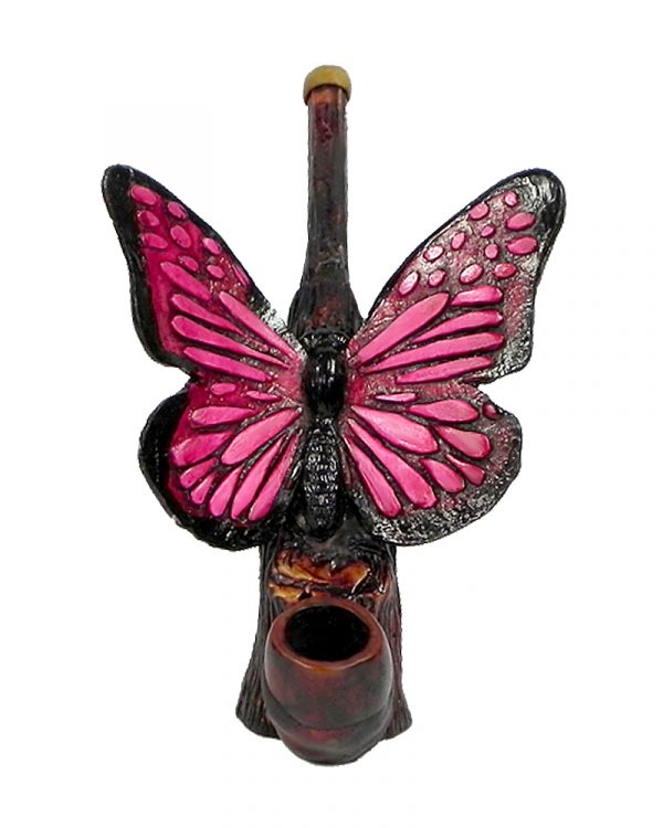 Handcrafted medium-sized tobacco smoking hand pipe of a butterfly in dark pinkish purple color.