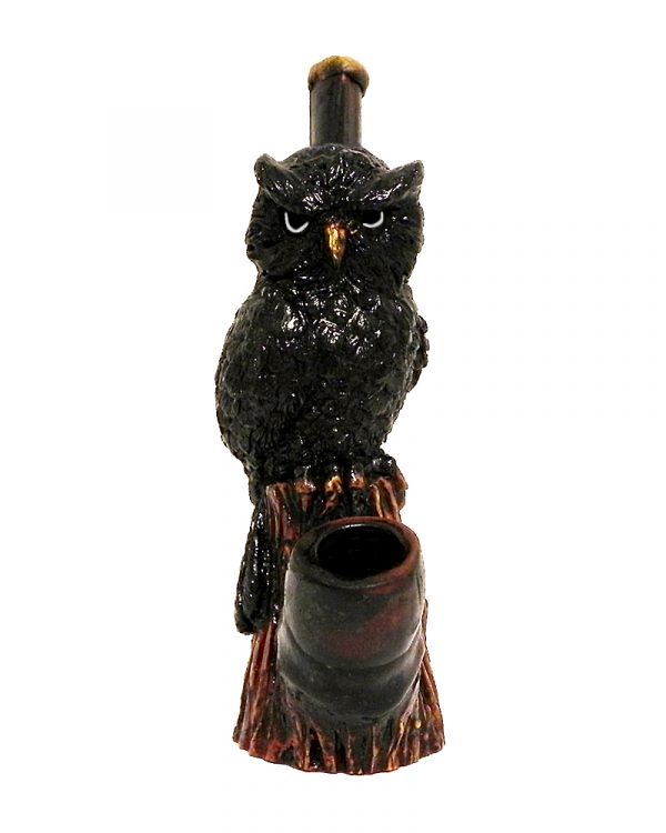 Handcrafted medium-sized tobacco smoking hand pipe of a black owl bird.