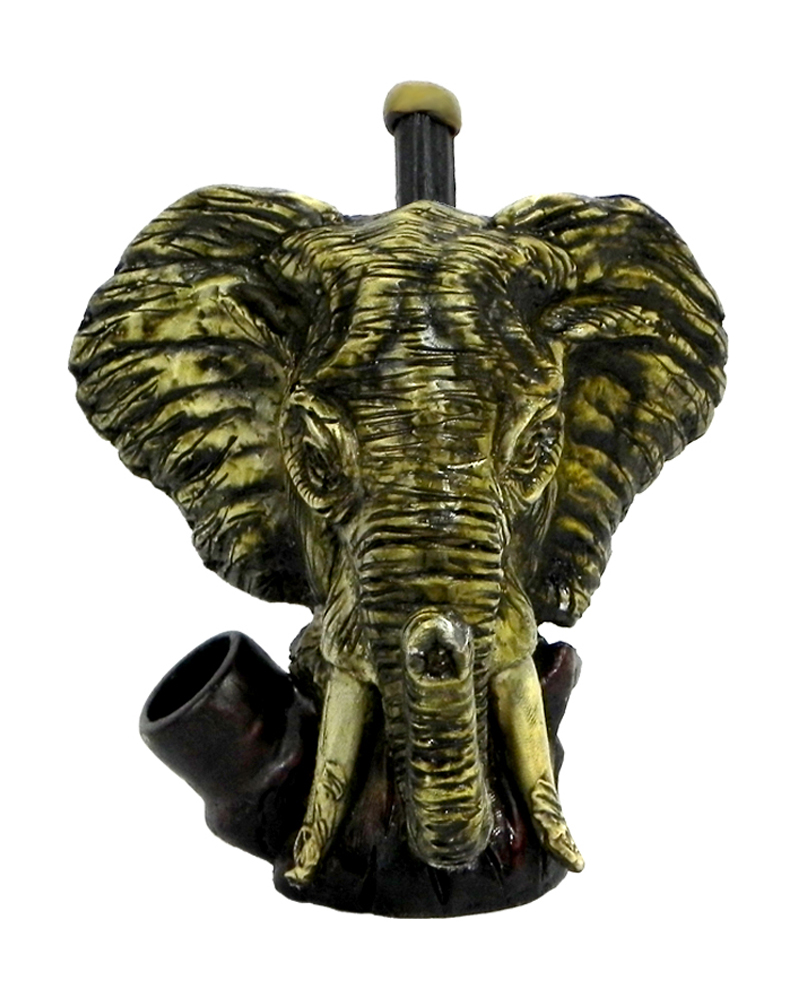 Handcrafted medium-sized tobacco smoking hand pipe of a large gray elephant head.