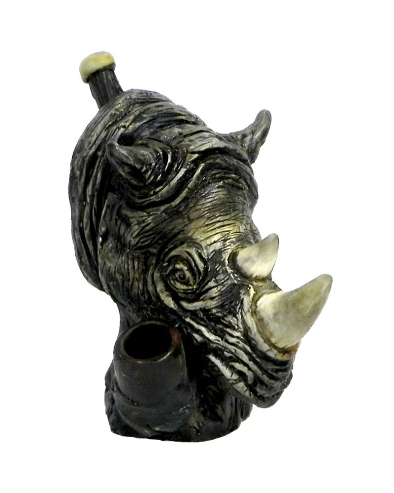 Handcrafted medium-sized tobacco smoking hand pipe of a large gray rhino head.