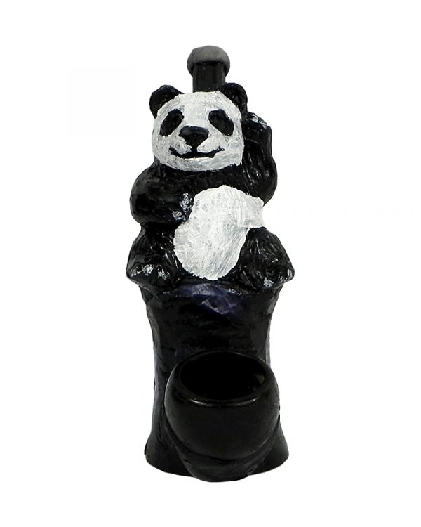 Handcrafted medium-sized tobacco smoking hand pipe of a waving black and white panda bear with a smile.