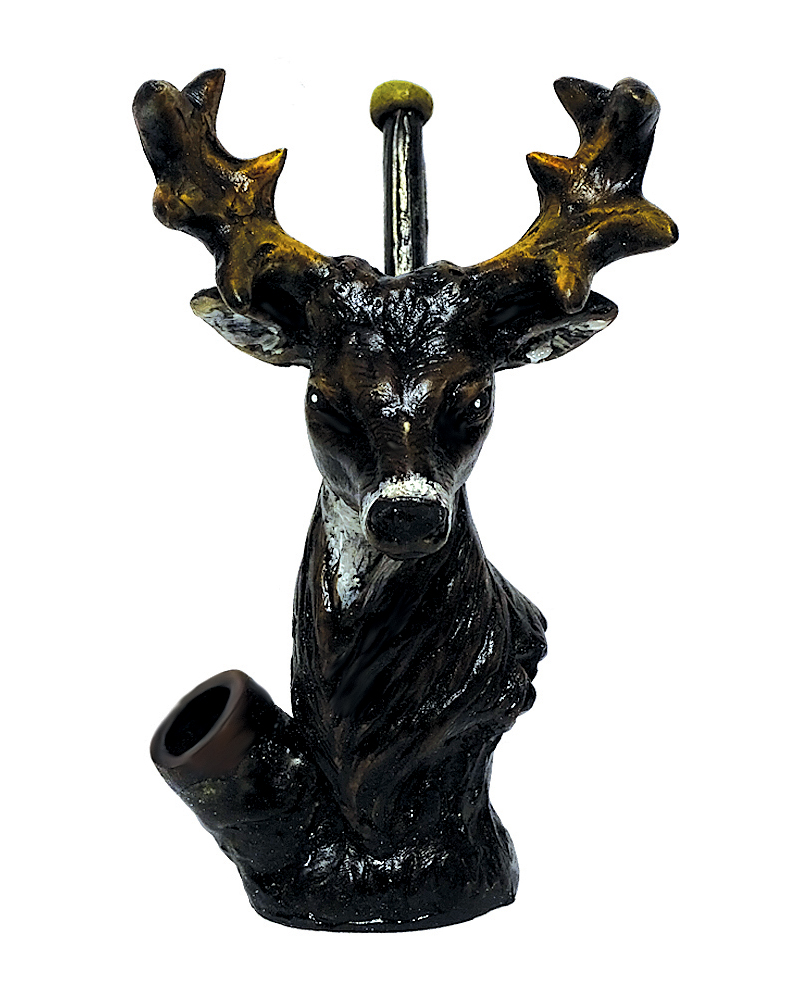 Handcrafted medium-sized tobacco smoking hand pipe of a brown deer head with large antlers.