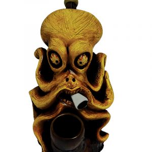 Handcrafted medium-sized tobacco smoking hand pipe of a stoned smoking octopus with red eyes and a joint.