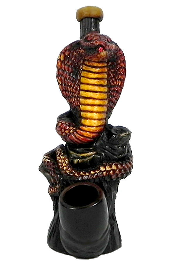 Handcrafted medium-sized tobacco smoking hand pipe of a hissing king cobra snake.