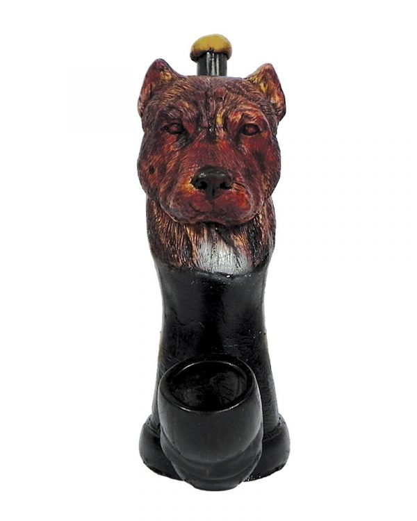 Handcrafted medium-sized tobacco smoking hand pipe of a red nose pit bull dog head.