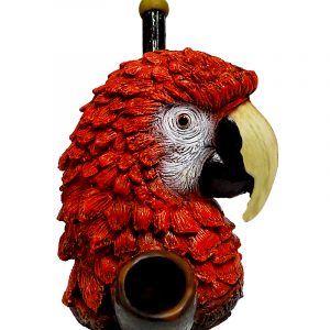 Handcrafted medium-sized tobacco smoking hand pipe of a red scarlet macaw parrot head.