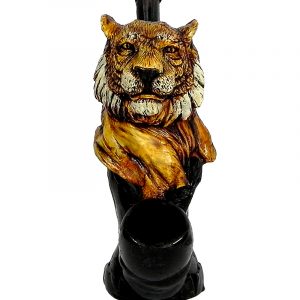 Handcrafted medium-sized tobacco smoking hand pipe of a beige and white tiger head.