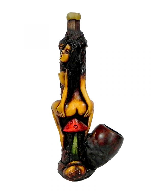 Handcrafted medium-sized tobacco smoking hand pipe of a sexy nude girl with big booty sitting on a mushroom.