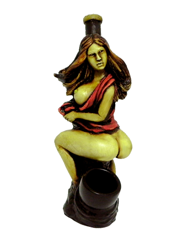 Handcrafted medium-sized tobacco smoking hand pipe of a nude girl with a big booty looking back at it.