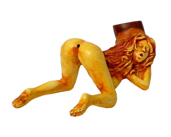 Handcrafted medium-sized tobacco smoking hand pipe of a sexy nude dirty girl bent over in doggy style position.