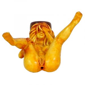 Handcrafted medium-sized tobacco smoking hand pipe of a sexy nude girl laying down with legs open and hand covering face.