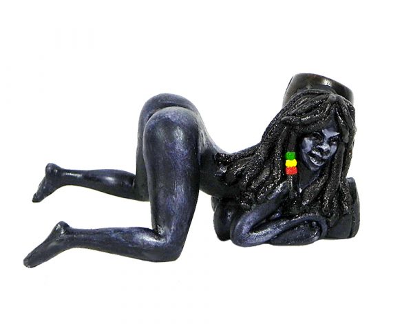 Handcrafted medium-sized tobacco smoking hand pipe of a sexy ebony nude girl with Rasta dreads bent over in doggy style position.