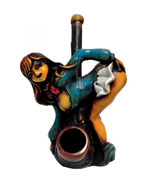 Handcrafted medium-sized tobacco smoking hand pipe of a sexy anime girl with blue school uniform bent over in doggy style position.