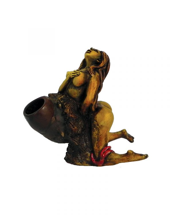 Handcrafted medium-sized tobacco smoking hand pipe of a sexy nude girl begging on her knees and holding breast.