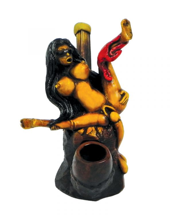 Handcrafted medium-sized tobacco smoking hand pipe of a sexy nude girl in sunglasses with legs up taking a penis.