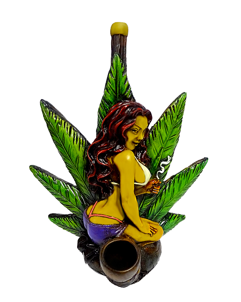 Handcrafted medium-sized tobacco smoking hand pipe of a smoking sexy girl with a large hemp leaf.