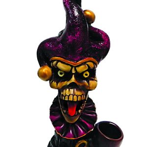 Handcrafted medium-sized tobacco smoking hand pipe of an evil jester head sticking tongue out with purple and gold suit.