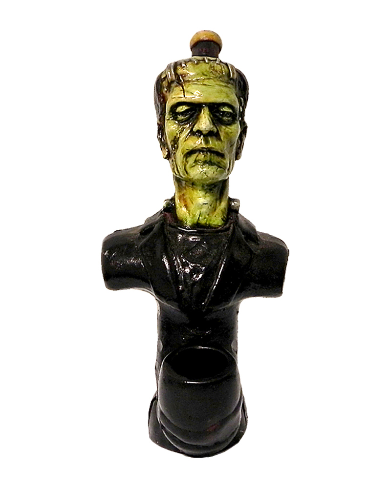 Handcrafted medium-sized tobacco smoking hand pipe of a classic green Frankenstein monster.