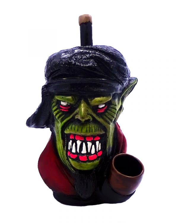 Handcrafted medium-sized tobacco smoking hand pipe of an ugly green goblin head dressed up for a war.