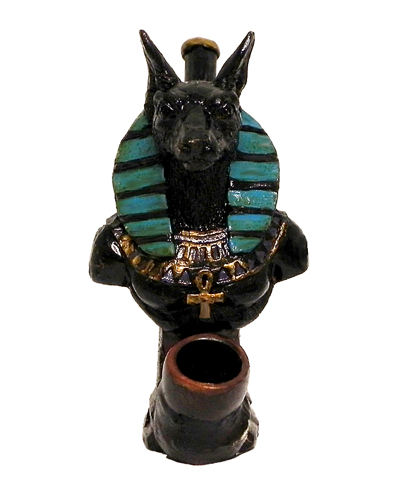 Handcrafted medium-sized tobacco smoking hand pipe of Egyptian deity Anubis, god of the Underworld, symbolized by a jackal dog.