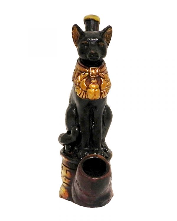 Handcrafted medium-sized tobacco smoking hand pipe of Egyptian deity Bastet, goddess of fertility, symbolized by a black cat.