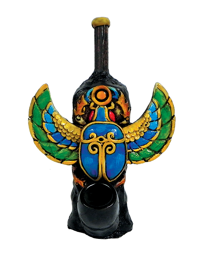 Handcrafted medium-sized tobacco smoking hand pipe of a multicolored Egyptian scarab beetle.