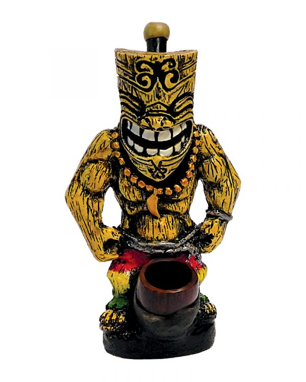 Handcrafted medium-sized tobacco smoking hand pipe of a grinning Tiki man with beach shorts in Rasta colors.