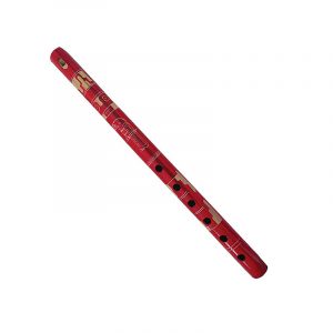 Handmade colored bamboo wooden recorder flute music instrument with handcarved tribal pattern and animal/nature design in red color.