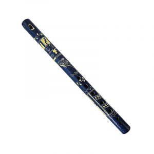 Handmade colored bamboo wooden recorder flute music instrument with handcarved tribal pattern and animal/nature design in blue color.