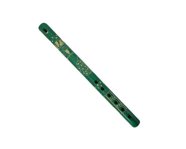 Handmade colored bamboo wooden recorder flute music instrument with handcarved tribal pattern and animal/nature design in teal green color.