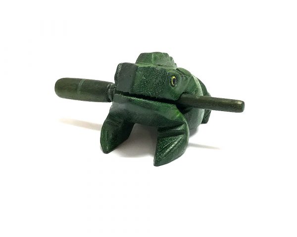Handmade wooden croaking frog figurine rasp music instrument with stick in green color.
