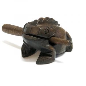 Handmade wooden croaking frog figurine rasp music instrument with stick in dark brown color.