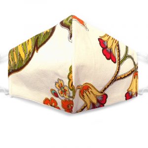 Handmade floral print fabric face mask with 100% cotton and elastic straps in off white, brown, and multicolored adult size.