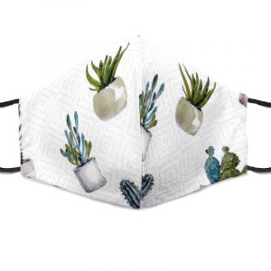 Handmade succulent plant print fabric face mask with 100% cotton and elastic straps in white and olive green adult size.