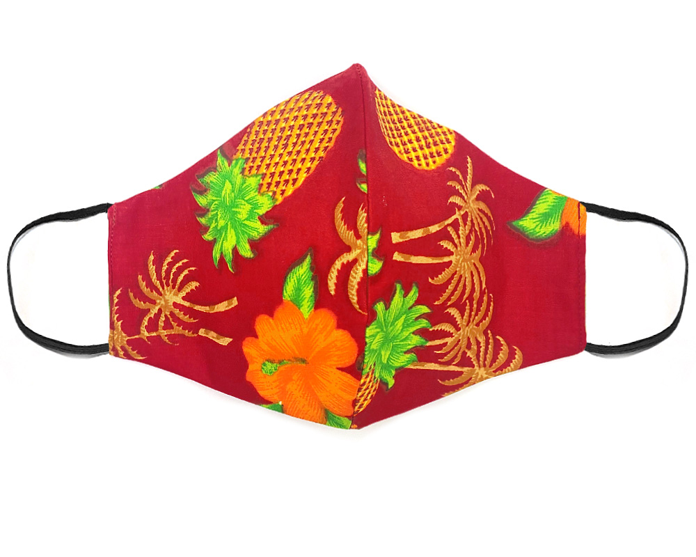 Handmade pineapple pattern print fabric face mask with 100% cotton and elastic straps in red and multicolored adult size.