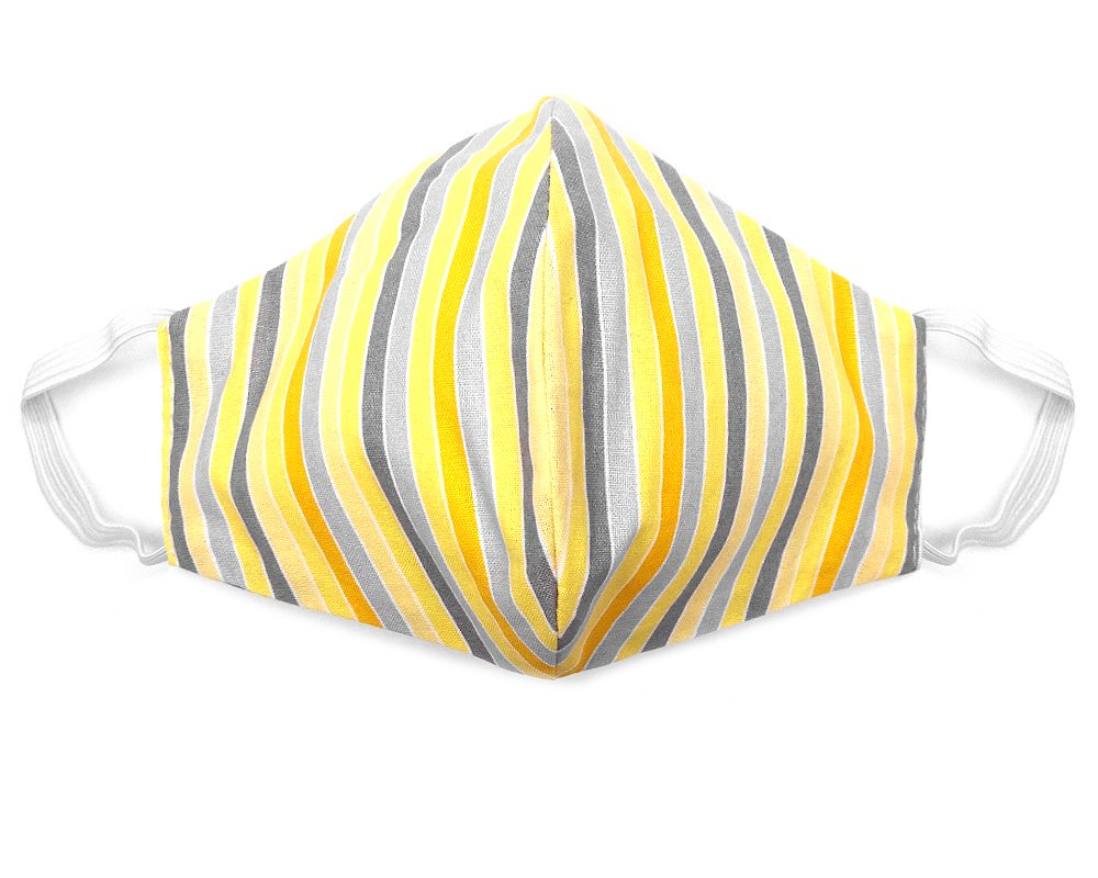 Handmade striped pattern print fabric face mask with 100% cotton and elastic straps in yellow, gray, and white adult size.