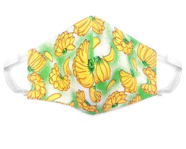 Handmade banana pattern print fabric face mask with 100% cotton and elastic straps in green, yellow, and white adult size.