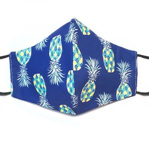Handmade pineapple pattern print fabric face mask with 100% cotton and elastic straps in blue, teal, and white adult size.