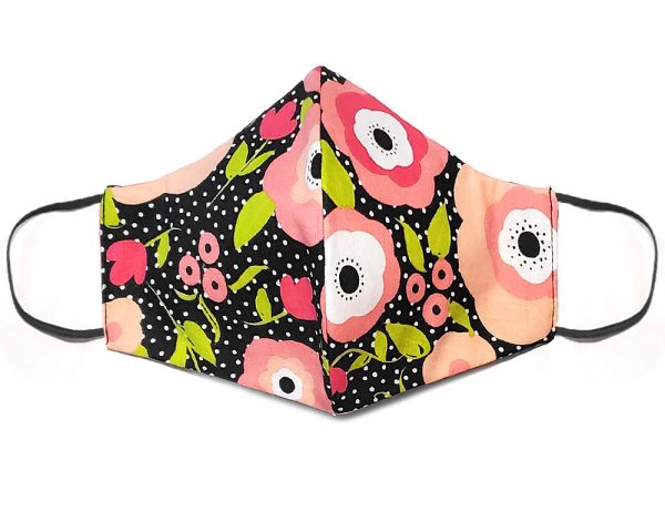 Handmade floral print fabric face mask with 100% cotton and elastic straps in black, pink, and white polka dot adult size.