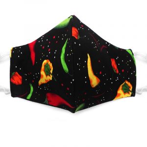 Handmade chili pepper print pattern fabric face mask with 100% cotton and elastic straps in black, red, golden, orange, and green adult size.